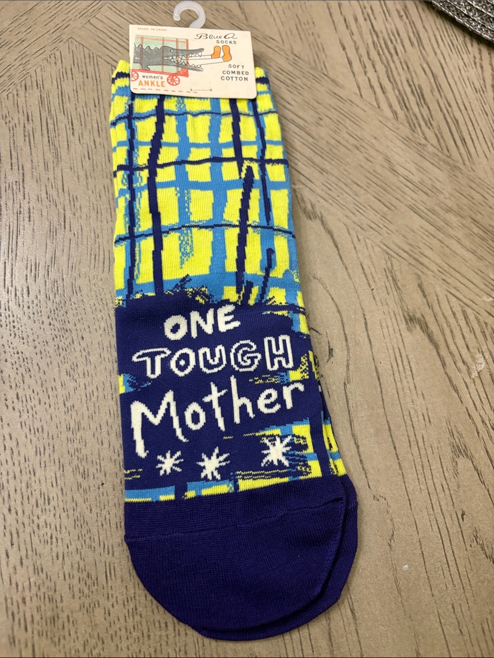 Blue Q Yellow & Blue 'One Tough Mother' Novelty Ankle Socks